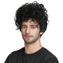 2 Pcs Mens Black Short Curly Hair Fluffy Wavy Synthetic Hair Fiber Wigs