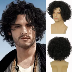 4 Pcs Mens Short Brown Curly Layered Fluffy Wig with Bang
