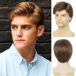 4 Pcs Natural Brown Short Curly Synthetic Wigs For Men